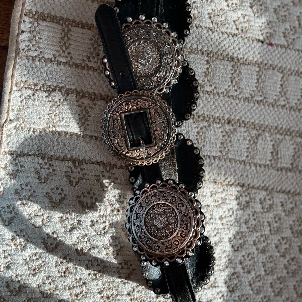 Black Leather Belt with Silver Buckle Accents, STUMP 3D Belt